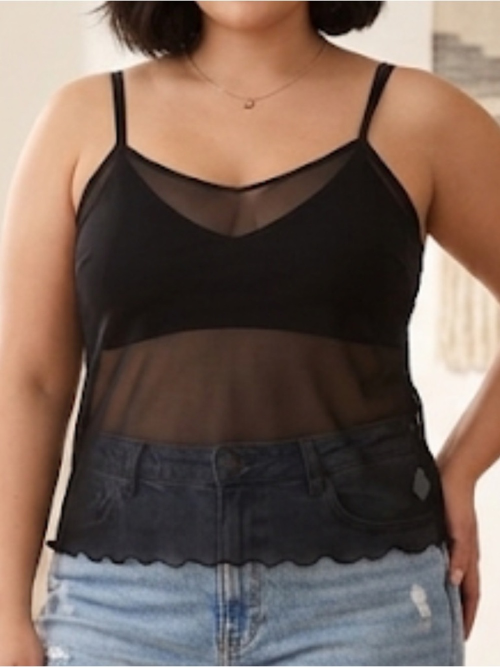 Notations Black Mesh Cami with Sheer Panels via plus size 1X